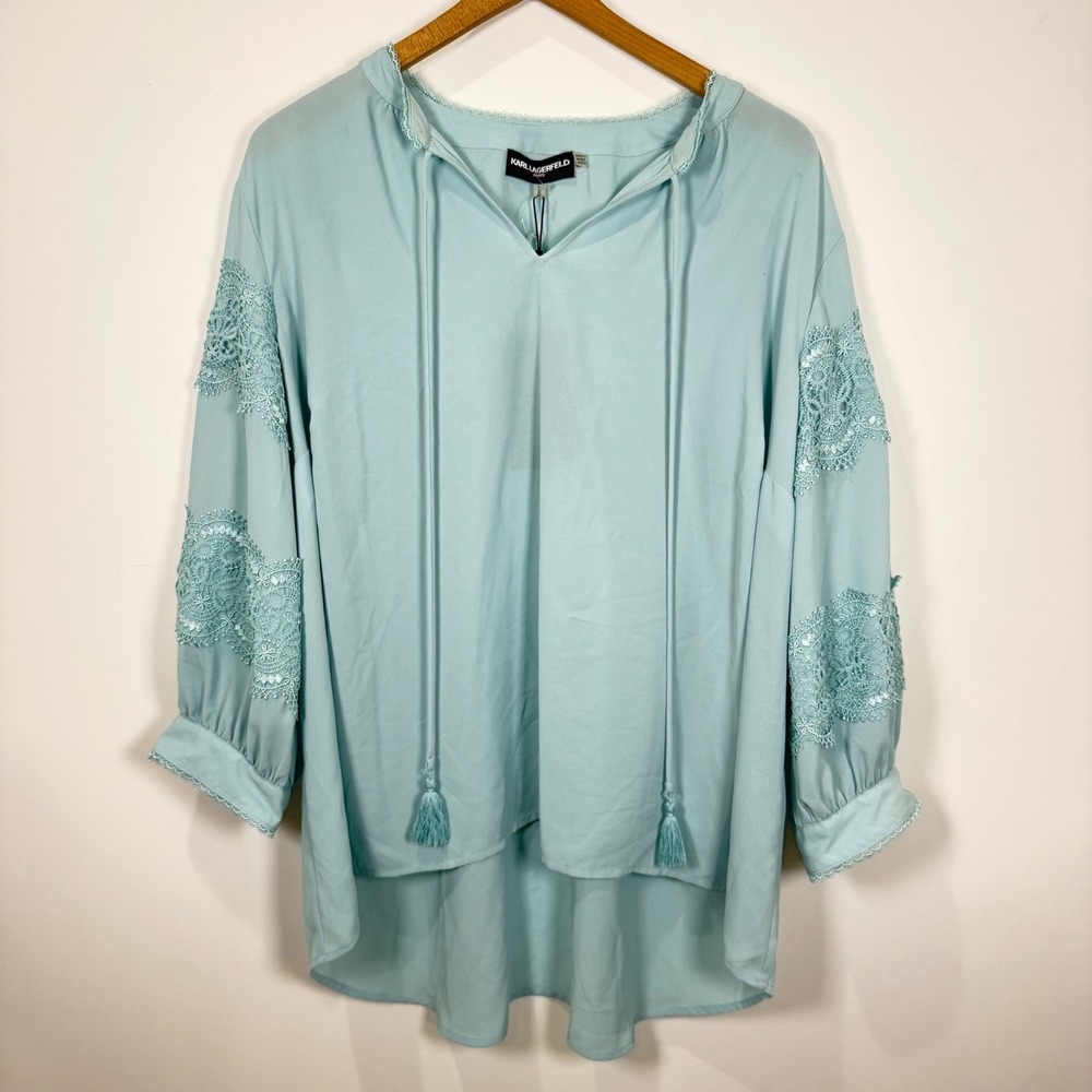 Karl Lagerfeld top Womens 1X Mint Blue Lace Boho prairie Cottage romantic chic